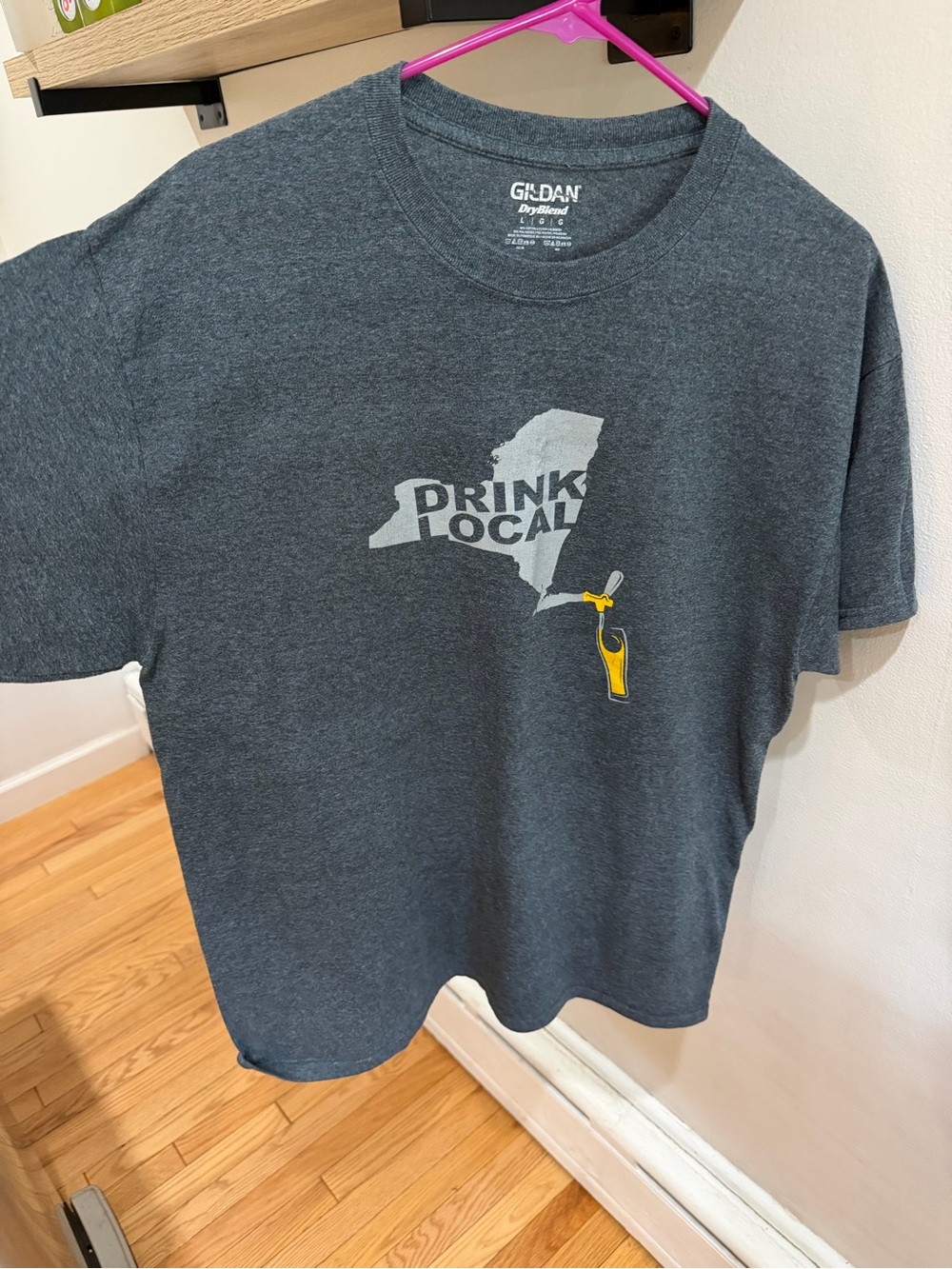 Gildan Dark Heather Gray 'Drink Local' Graphic Tee with Yellow Tap Detail